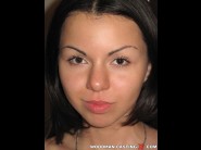 Christina schmidt is sited on a sofa, legs appart and looking at you