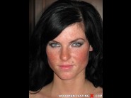 Eileen sue is sited on a sofa, legs appart and looking at you